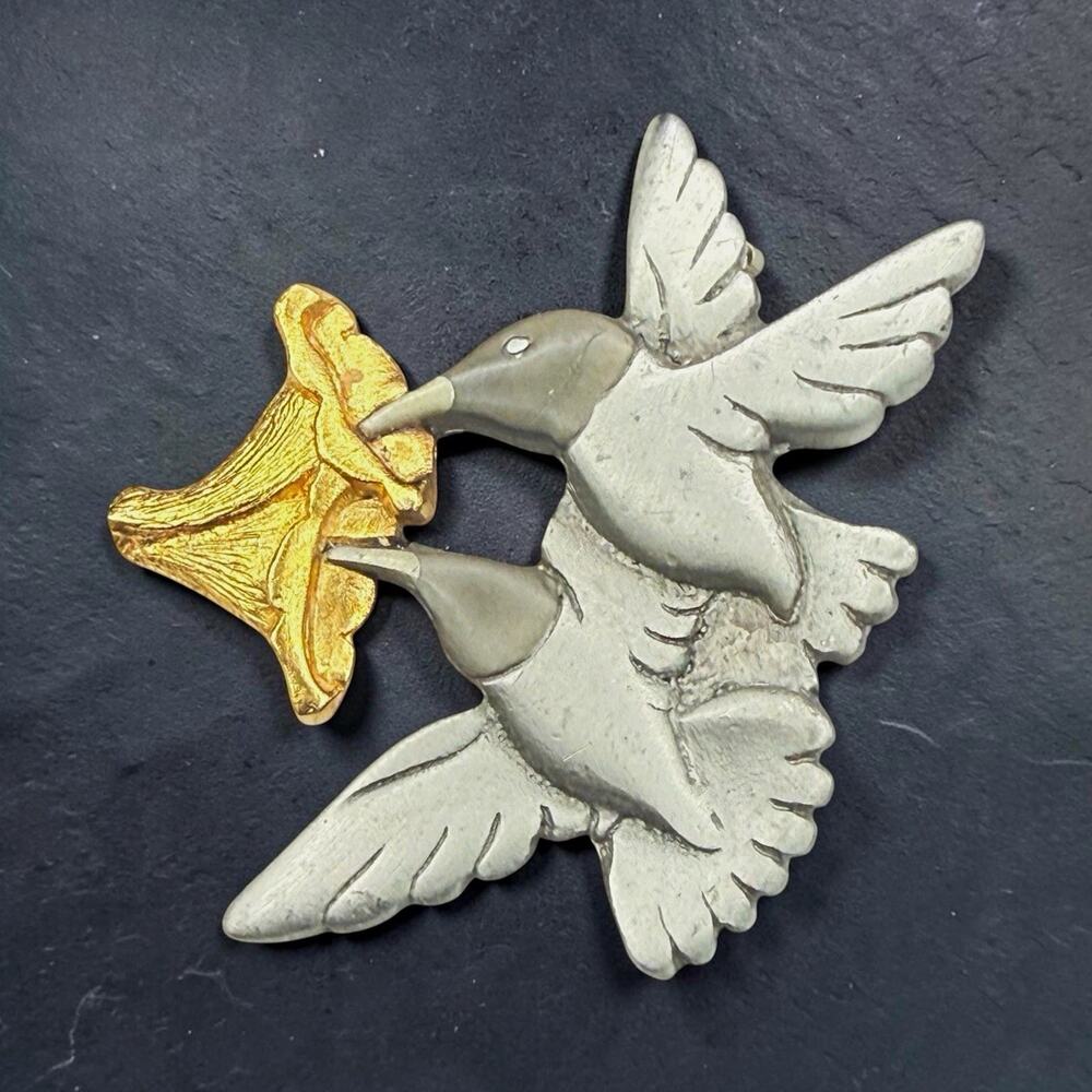 Vintage Mark Shields Pewter Double Hummingbird Brooch Pin Gold Tone Accent 2"